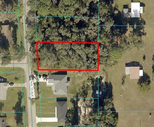 An aerial view shows a rectangular wooded lot outlined in red next to a residential street — NW 55TH AVE, OCALA, FL