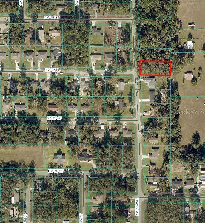 This is an aerial map showing a vacant, wooded residential lot outlined in red — NW 55TH AVE, OCALA, FL