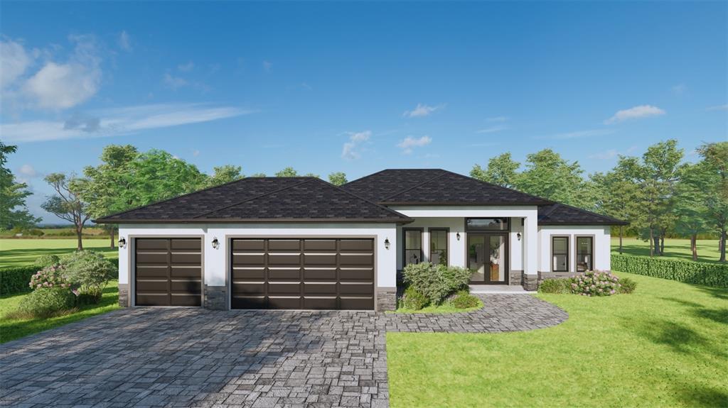 This is a rendering of a modern single-story house with a three-car garage — 91 S BRIG CIRCLE S, PLACIDA, FL
