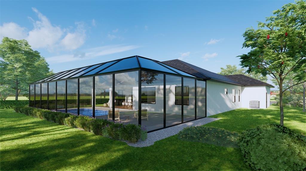 This is a rendering of a house exterior featuring a large glass-enclosed pool patio — 91 S BRIG CIRCLE S, PLACIDA, FL