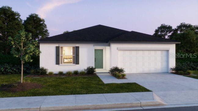 This is a rendering of a single-story house with white stucco siding and a two-car garage — 26250 BROOKS ROAD, PUNTA GORDA, FL