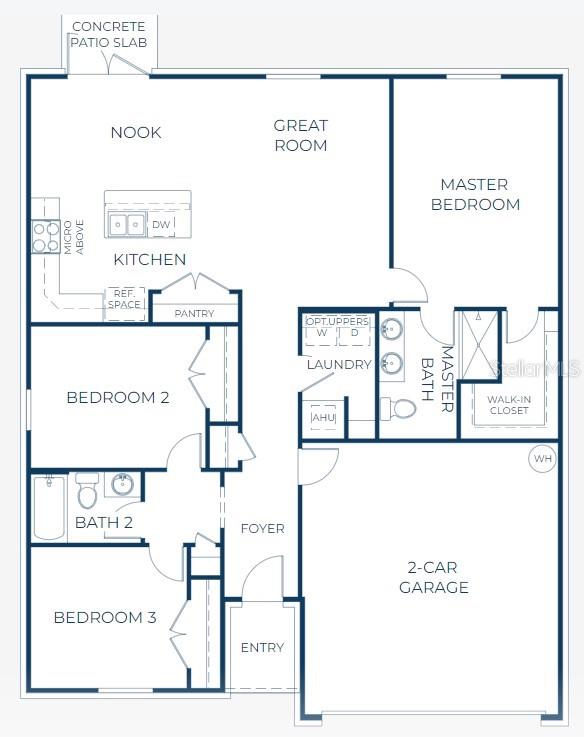 This floor plan shows a three-bedroom, two-bathroom home with a two-car garage and patio — 26250 BROOKS ROAD, PUNTA GORDA, FL