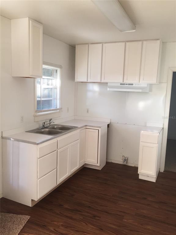 A kitchen with white cabinets, a stainless steel sink, and dark wood-look flooring — 124 BASSEDENA CIRCLE S, LAKELAND, FL