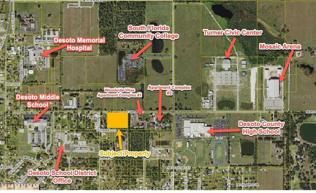 This aerial map shows the subject property highlighted in yellow among surrounding local landmarks — E GIBSON STREET, ARCADIA, FL