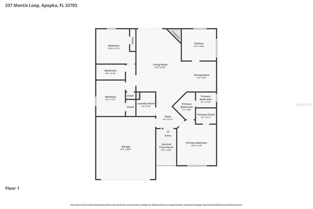 This is a floor plan for a single-story house featuring three bedrooms and a garage — 337 MANTIS LOOP, APOPKA, FL