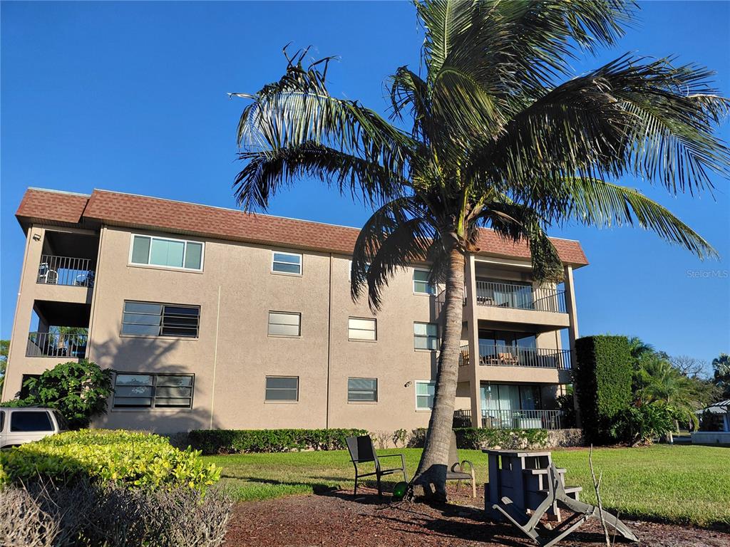 A multi-story apartment building with balconies and a large palm tree in the foreground — 1723 GULF ROAD UNIT 301, TARPON SPRINGS, FL
