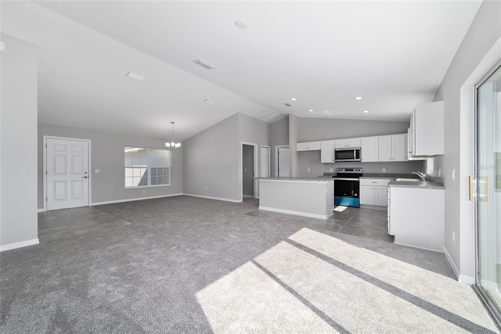 An open-concept living area features gray carpeting, a kitchen with white cabinets, and vaulted ceilings — 1699 NE 161ST STREET, CITRA, FL