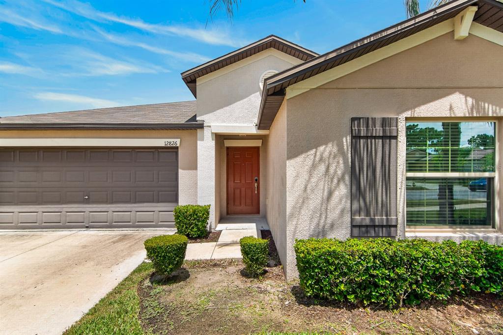 The exterior of a single-story house features a garage, a front entrance, and landscaping — 12826 WILDFLOWER MEADOW DRIVE, RIVERVIEW, FL
