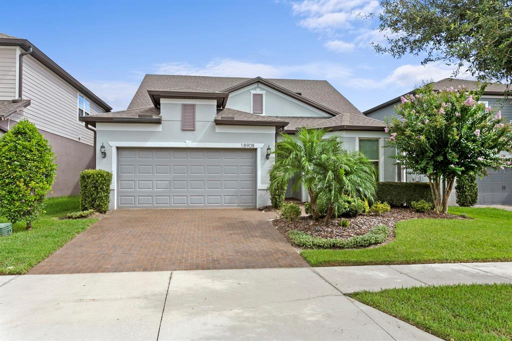A single-story suburban house with a gray garage, brick driveway, and a small front garden — 18908 WILLOWMORE CEDAR DRIVE, LUTZ, FL