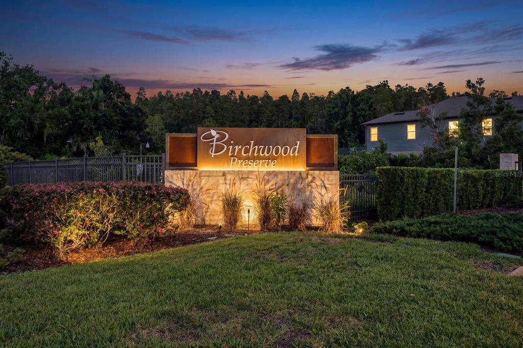 An illuminated stone monument sign for Birchwood Preserve stands in front of a grassy lawn — 18908 WILLOWMORE CEDAR DRIVE, LUTZ, FL