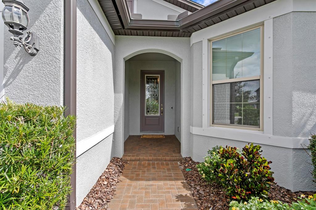 A paved walkway leads to a covered entryway with a glass-paneled door and a window — 18908 WILLOWMORE CEDAR DRIVE, LUTZ, FL