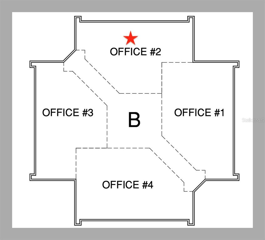 This is a floor plan showing four offices arranged around a central area labeled B — 6801 US-27 N UNIT B2, SEBRING, FL