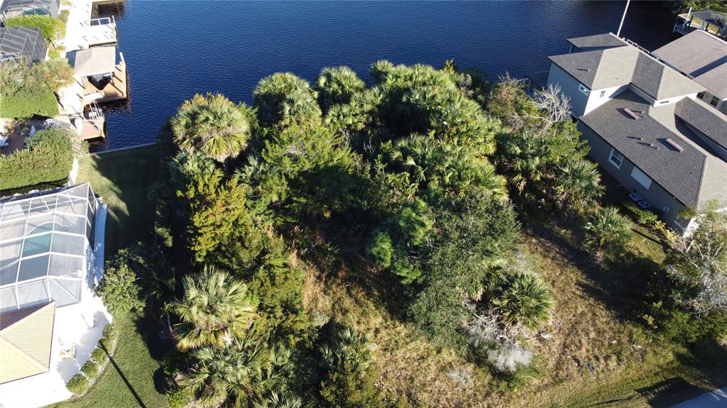 An aerial view shows a vacant, heavily wooded lot situated between two residential houses — 10 CIMMARON DRIVE, PALM COAST, FL