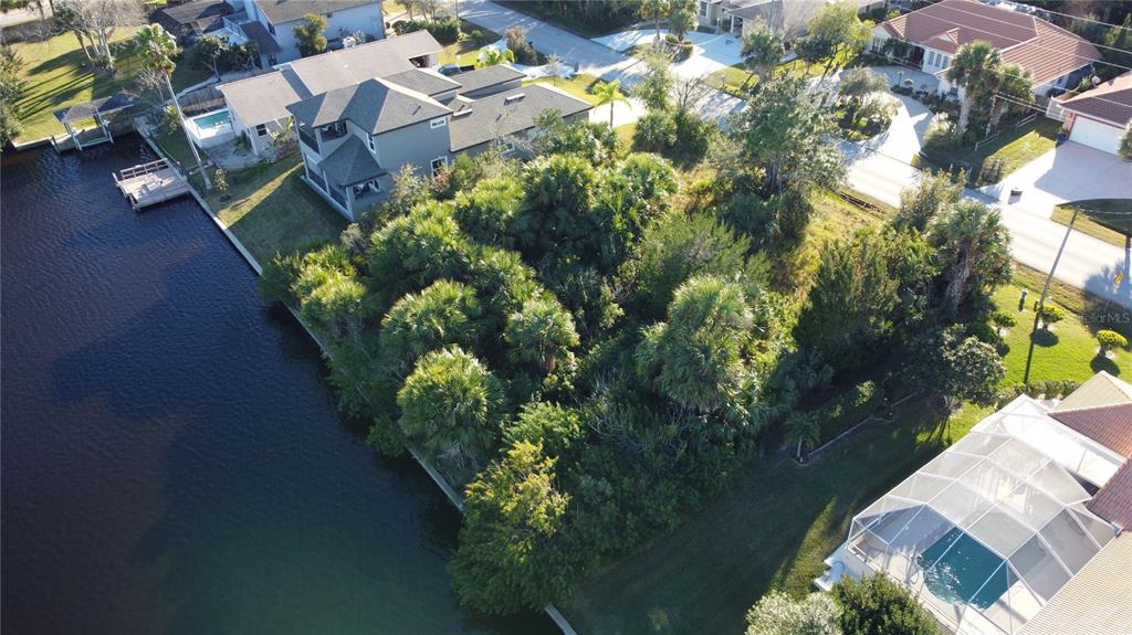 An aerial view shows a vacant, tree-covered waterfront lot situated between two residential properties — 10 CIMMARON DRIVE, PALM COAST, FL