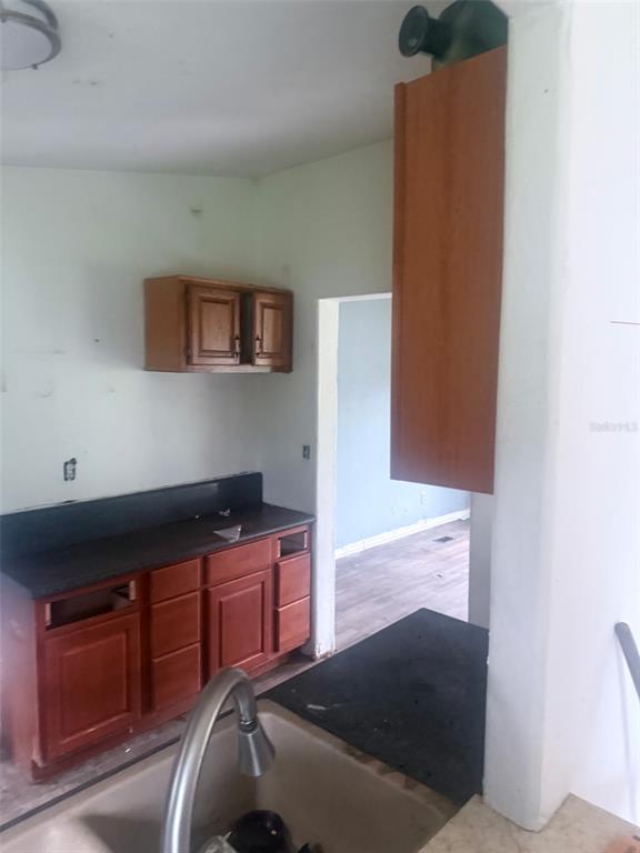 A kitchen features wood cabinets, a dark countertop, and a sink in the foreground — 13114 SE 32ND COURT, BELLEVIEW, FL