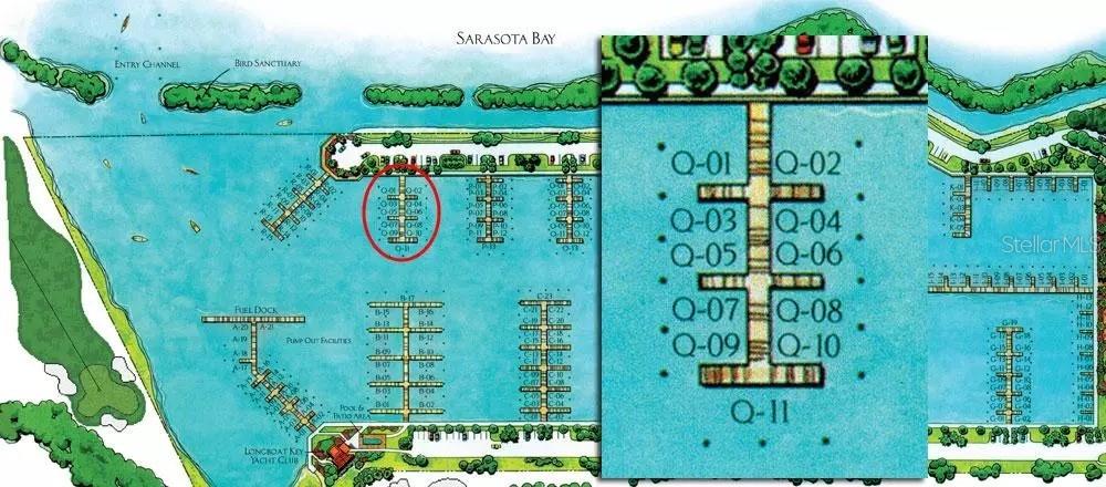 This is a map of a marina showing boat slip locations and numbering — 2600 HARBOURSIDE DRIVE UNIT Q-10, LONGBOAT KEY, FL