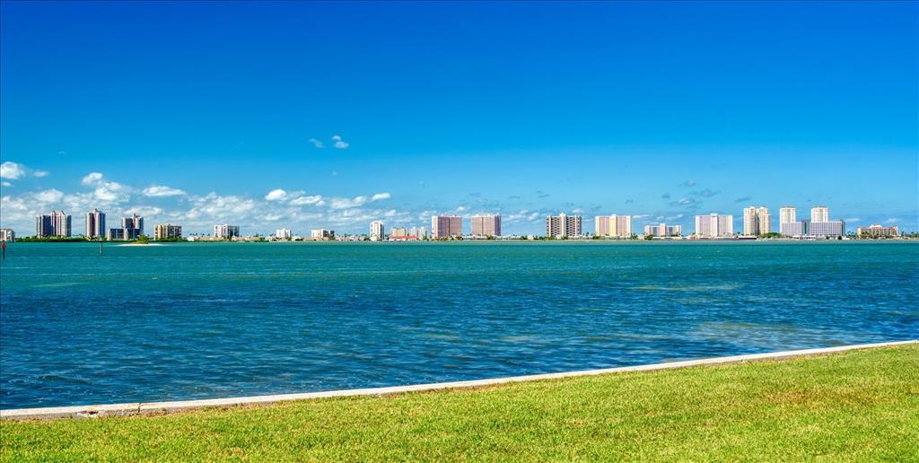 A grassy lawn overlooks a body of water with a distant city skyline under blue skies — ST ANDREWS DRIVE, BELLEAIR, FL