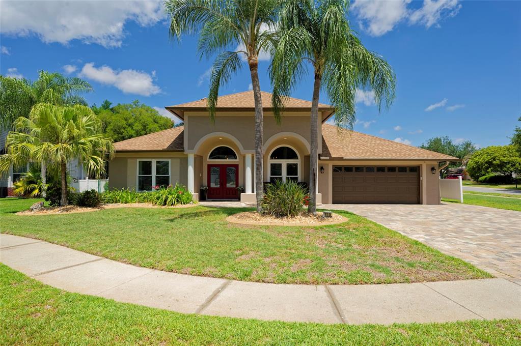A single-story suburban house with a tan stucco exterior, brown roof, and two palm trees — 8115 MONTOCK COURT, TRINITY, FL