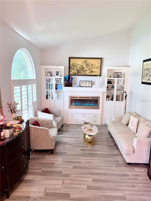 A living room features a fireplace, built-in shelving, light-colored furniture, and wood-look flooring — 1808 POWDER RIDGE DRIVE, VALRICO, FL