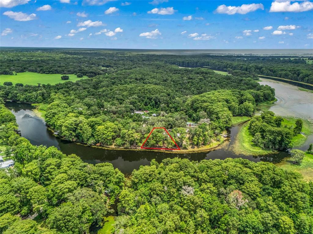 An aerial view shows a wooded waterfront lot outlined in red along a river — 10518 SW 64TH AVENUE, BUSHNELL, FL