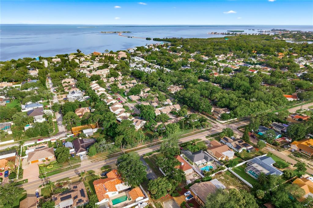 An aerial view shows a residential neighborhood with a red arrow pointing toward a house — 18 WINDRUSH BAY DRIVE, TARPON SPRINGS, FL