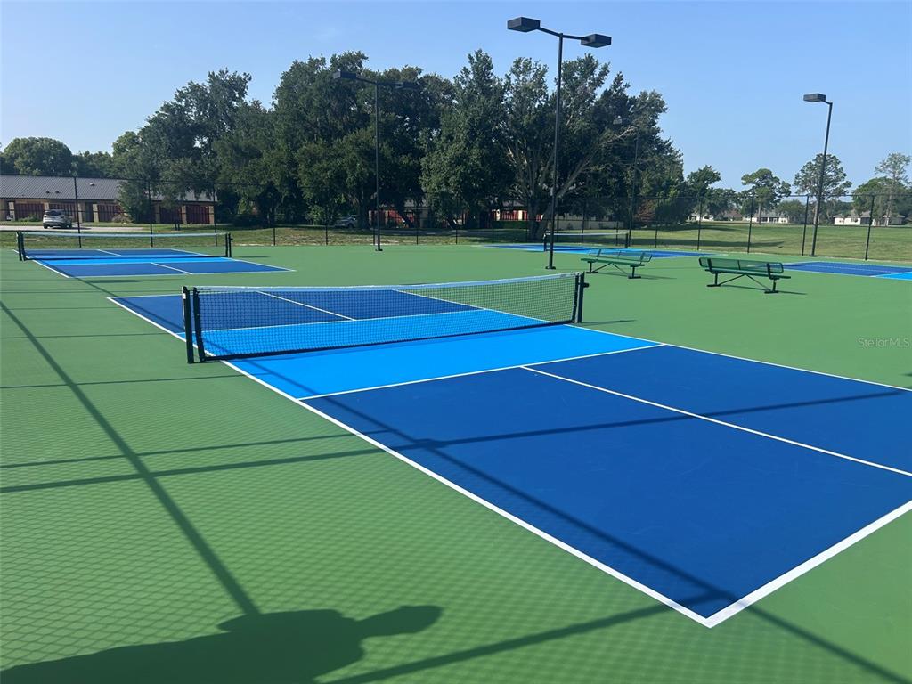 An outdoor pickleball court with blue and green surfaces, nets, and surrounding trees — 508 EAGLE POND DRIVE UNIT 508, WINTER HAVEN, FL