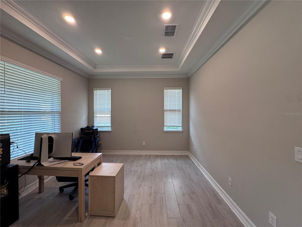 A home office with light wood-look tile flooring, a tray ceiling, and two windows — 28661 PICANA LANE, WESLEY CHAPEL, FL