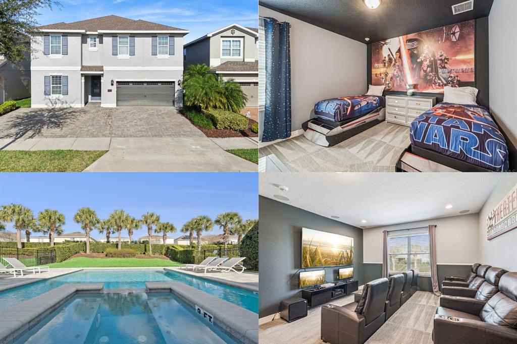 A collage showing a house exterior, a Star Wars bedroom, a pool, and a theater room — 7649 FAIRFAX DRIVE, KISSIMMEE, FL