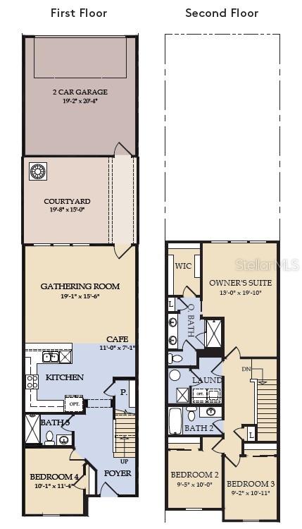 This floor plan shows a two-story home with a garage, courtyard, and four bedrooms — 15516 PEACEFUL PINES ALLEY, CLERMONT, FL