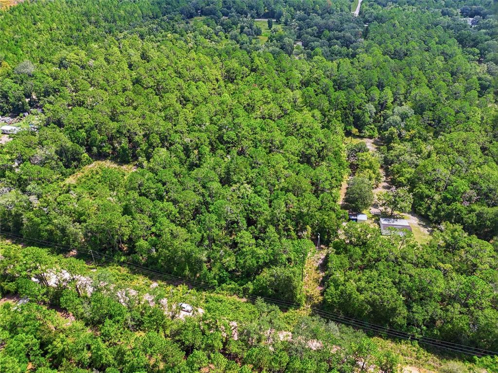 An aerial view shows a wooded lot with a small building and a dirt road — 00 SW CENTERVILLE AVENUE, FORT WHITE, FL