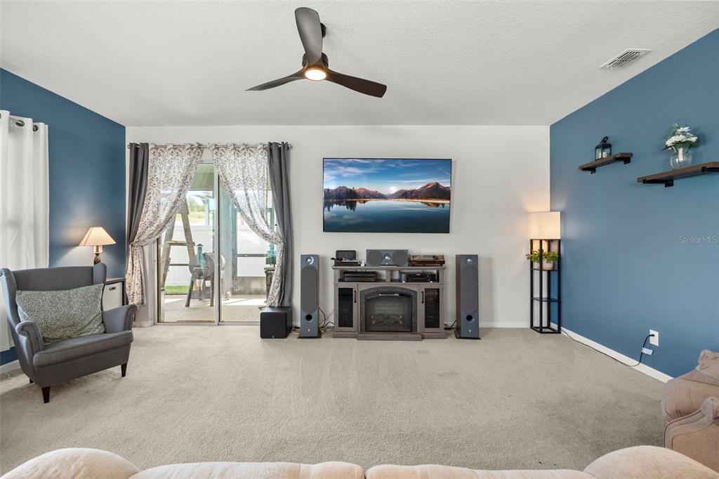 A living room features blue accent walls, a fireplace media console, and a sliding glass door — 3053 HILL POINT STREET, MINNEOLA, FL