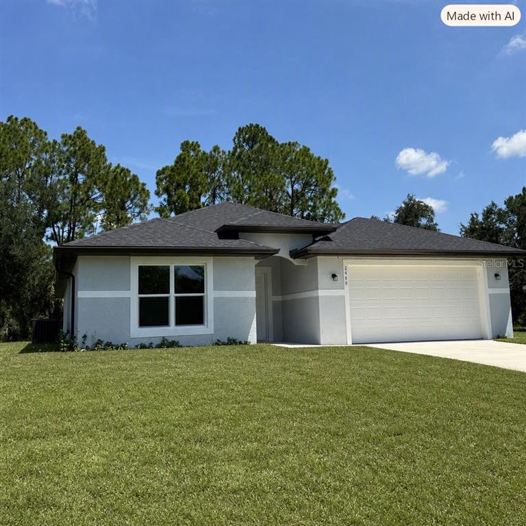 A single-story house with a gray stucco exterior, a two-car garage, and a front lawn — 2408 VAN LEER AVENUE, NORTH PORT, FL