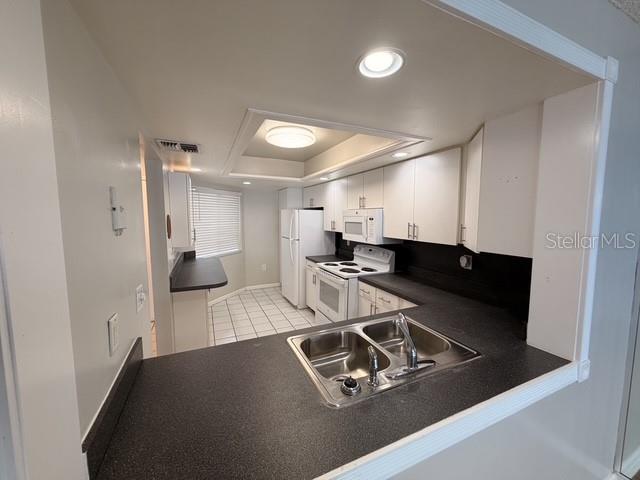 A kitchen features white cabinets, dark countertops, a double sink, and a white refrigerator — 4109 FAIRVIEW VISTA POINT UNIT 315, ORLANDO, FL