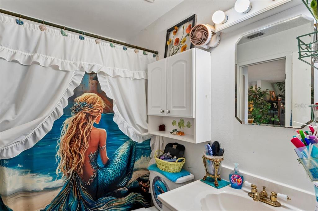 A bathroom features a mermaid-themed shower curtain, a white wall cabinet, and a vanity mirror — 2005 HUDSON CT, OLDSMAR, FL