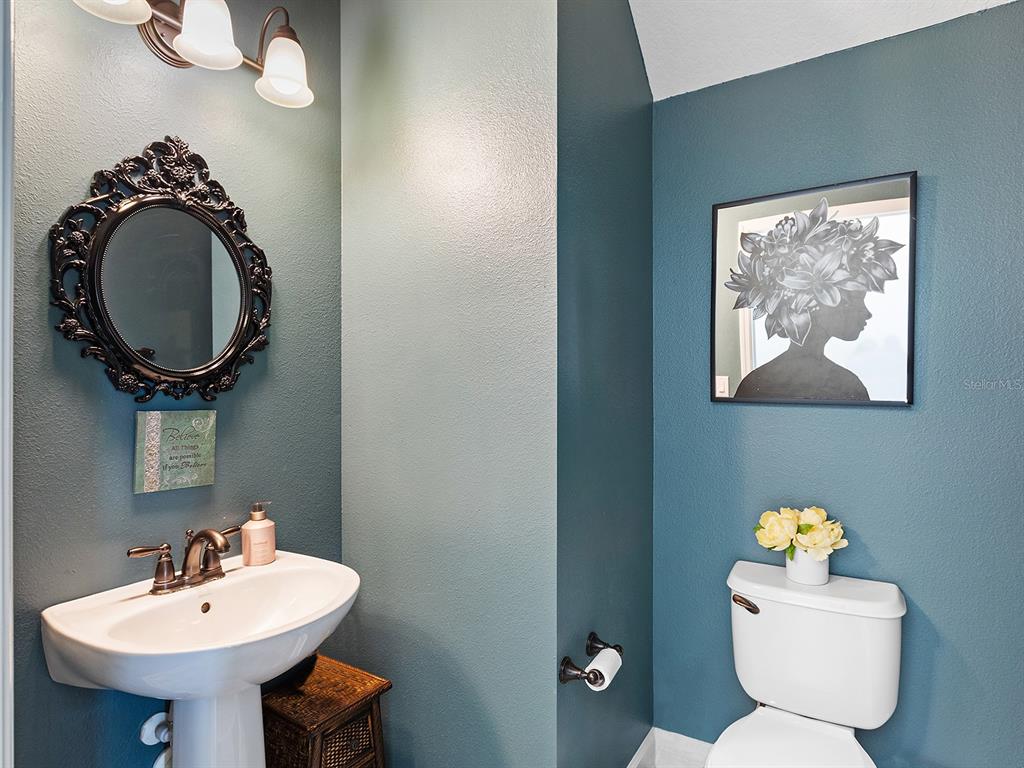 A powder room features teal walls, a pedestal sink, a decorative mirror, and a toilet — 11323 80TH STREET E, PARRISH, FL