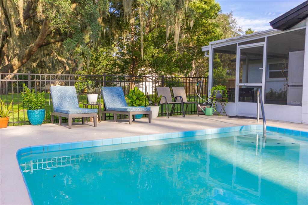 A swimming pool sits on a patio with lounge chairs near a screened-in porch area — 12231 KELLY LANE, THONOTOSASSA, FL