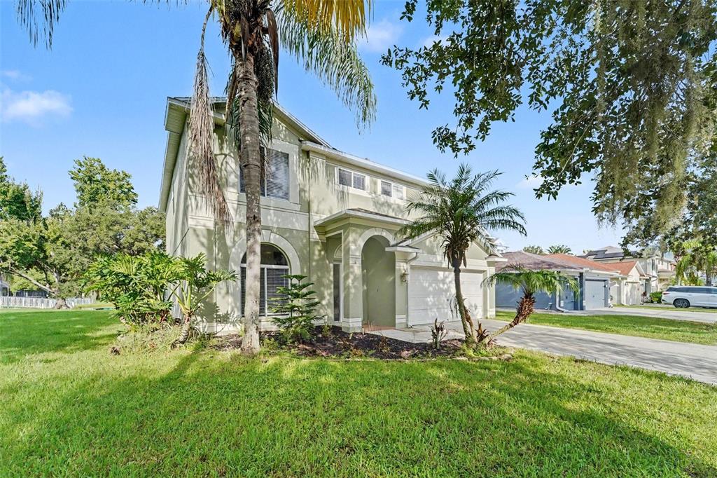 A two-story light green house with a palm tree and a two-car garage — 19431 SANDY SPRINGS CIRCLE, LUTZ, FL