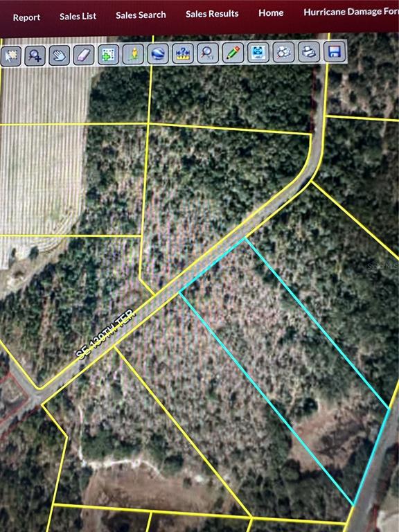 This is an aerial map view showing a plot of land outlined in blue — SE 139TH TER LOT 19, MORRISTON, FL