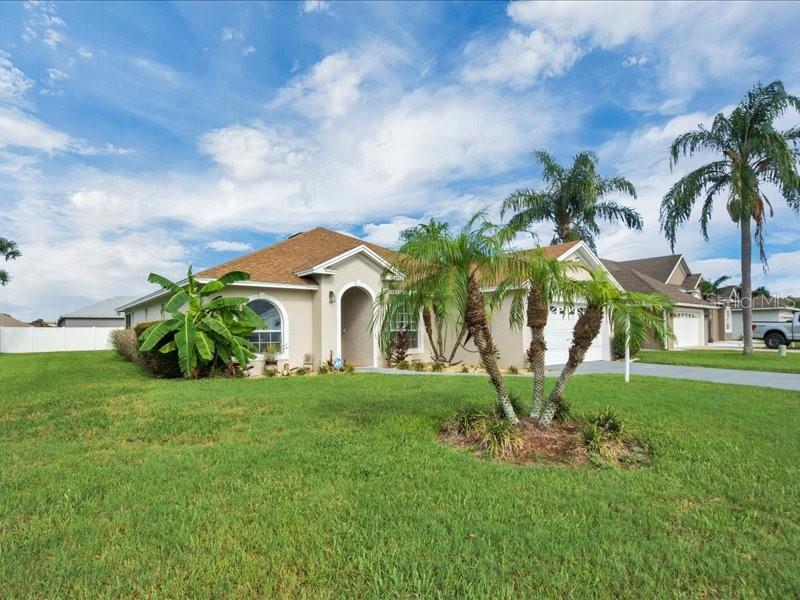 A single-story suburban house with a tan exterior, brown roof, and palm trees in front — 344 RUBY LAKE LOOP, WINTER HAVEN, FL