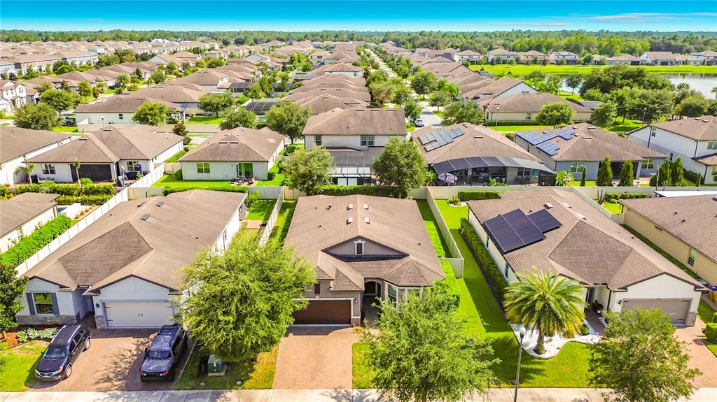 A grassy backyard features a white vinyl fence, a large tree, and a hedge — 2892 MATERA DRIVE, ST CLOUD, FL