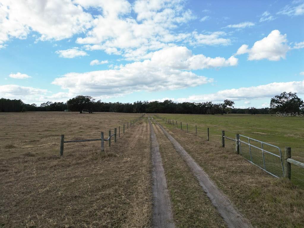 A dirt path runs between two fenced pastures under a cloudy blue sky — 993 CR 722, WEBSTER, FL