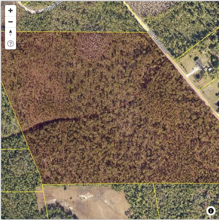 This is an aerial map view of a large, wooded, undeveloped plot of land — 2370 OLD TRAIN ROAD, DELTONA, FL