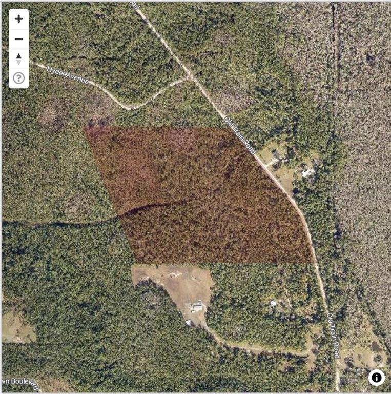 This is an aerial map view showing a highlighted parcel of land near a road — 2370 OLD TRAIN ROAD, DELTONA, FL