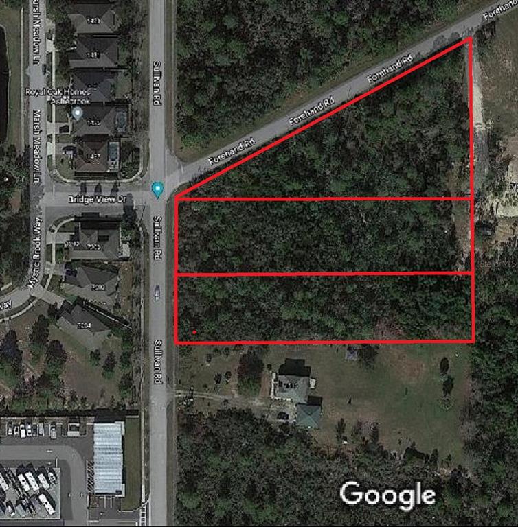 An aerial map view shows three adjacent rectangular parcels of land bordered by two roads — FOREHAND ROAD, DAVENPORT, FL