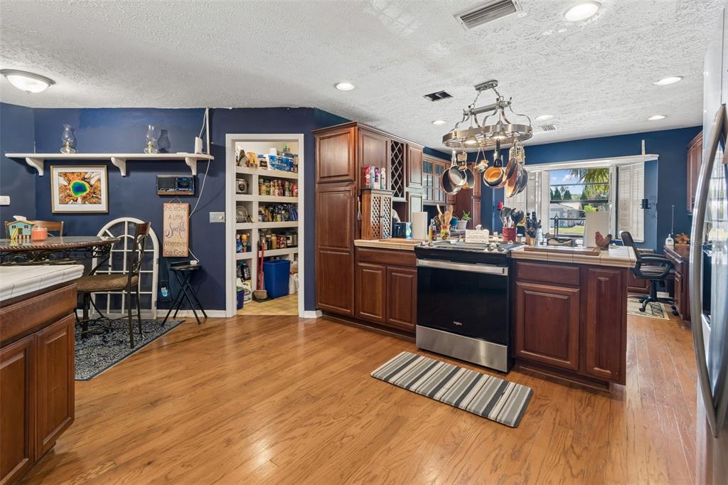 A dining room features a dark wood table, white chairs, a chandelier, and blue walls — 5059 BERNADETTE DRIVE, ZEPHYRHILLS, FL