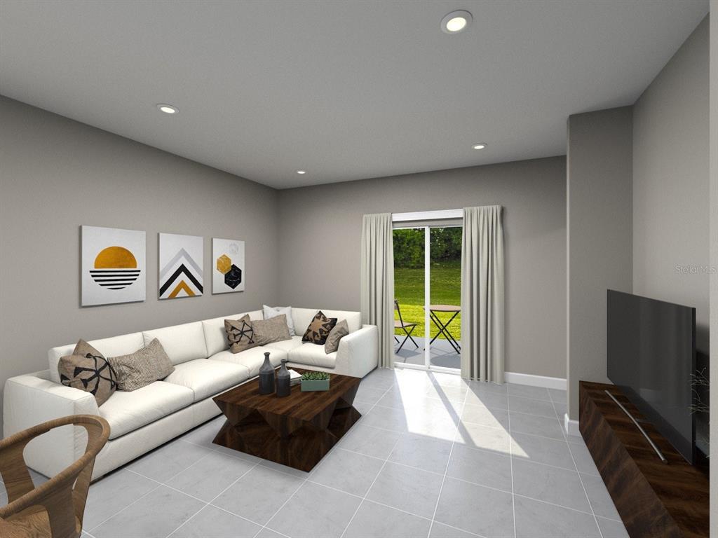 This is a digital rendering of a modern living room with a white sectional sofa — 13819 OWEN PRESERVE RUN, PARRISH, FL