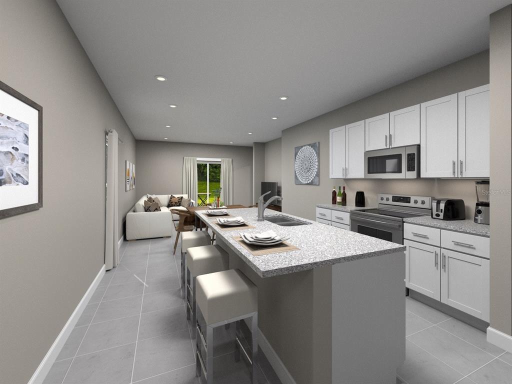 This is a digital rendering of a modern kitchen and living area with white cabinetry — 13819 OWEN PRESERVE RUN, PARRISH, FL