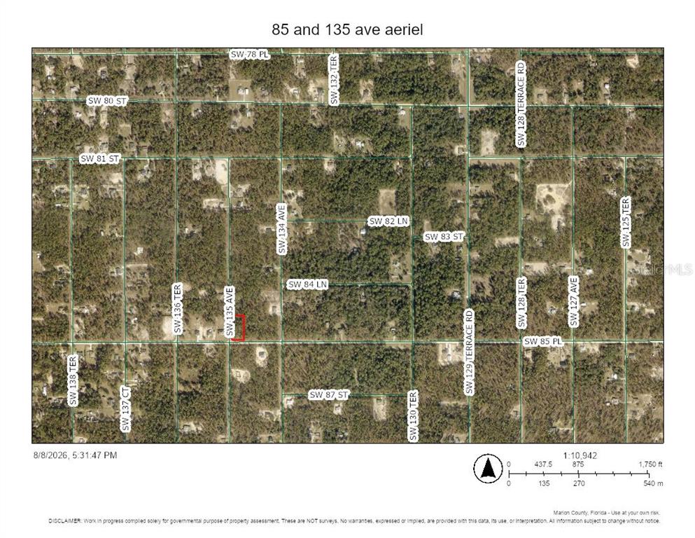 This is an aerial map showing residential streets and wooded lots in Marion County, Florida — 0 SW 85TH PLACE, DUNNELLON, FL