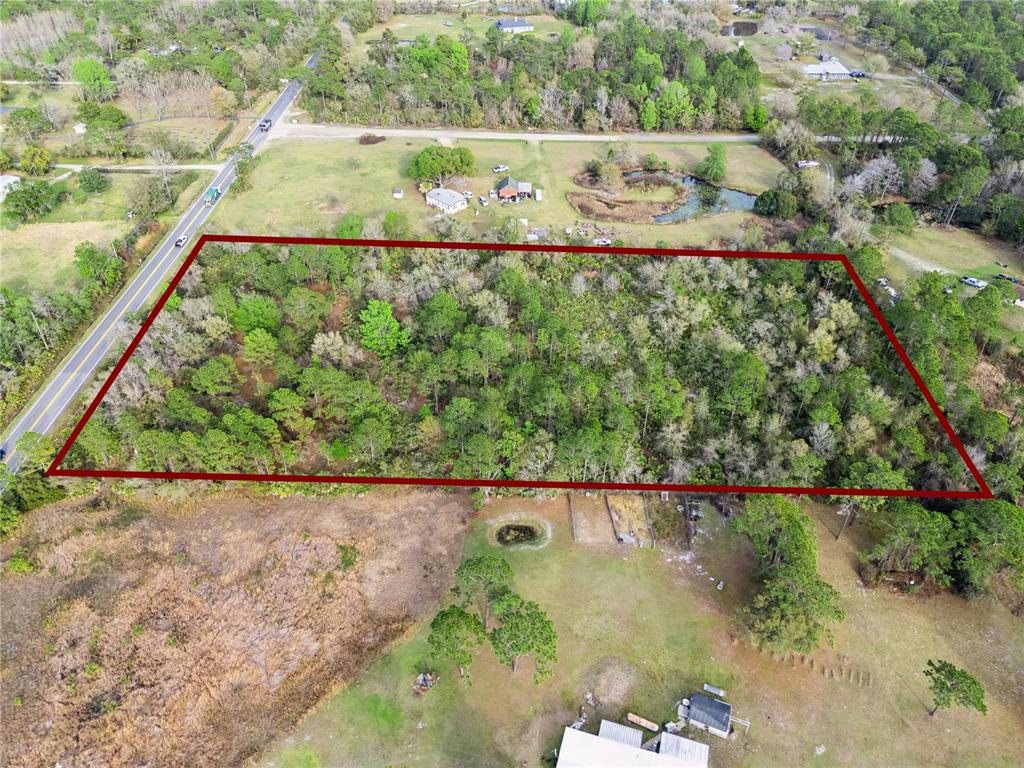 An aerial view shows a rectangular wooded lot outlined in red next to a road — 541 E OSCEOLA ROAD, GENEVA, FL