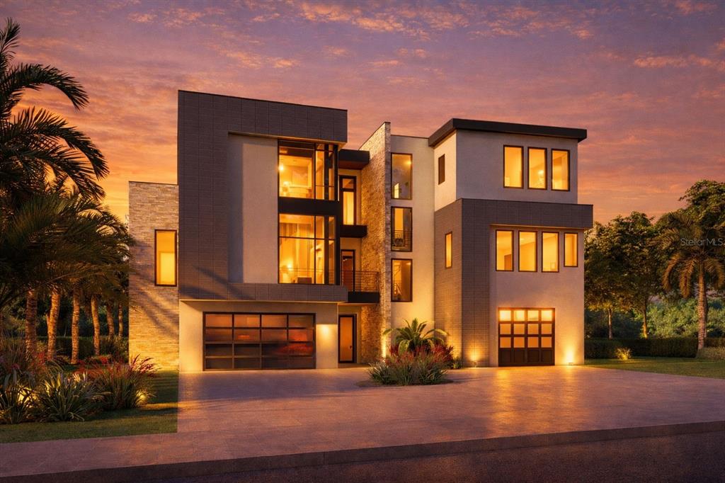 A rendering of a modern three-story house with a two-car garage at sunset — 25 HARBORPOINTE DRIVE, PORT RICHEY, FL